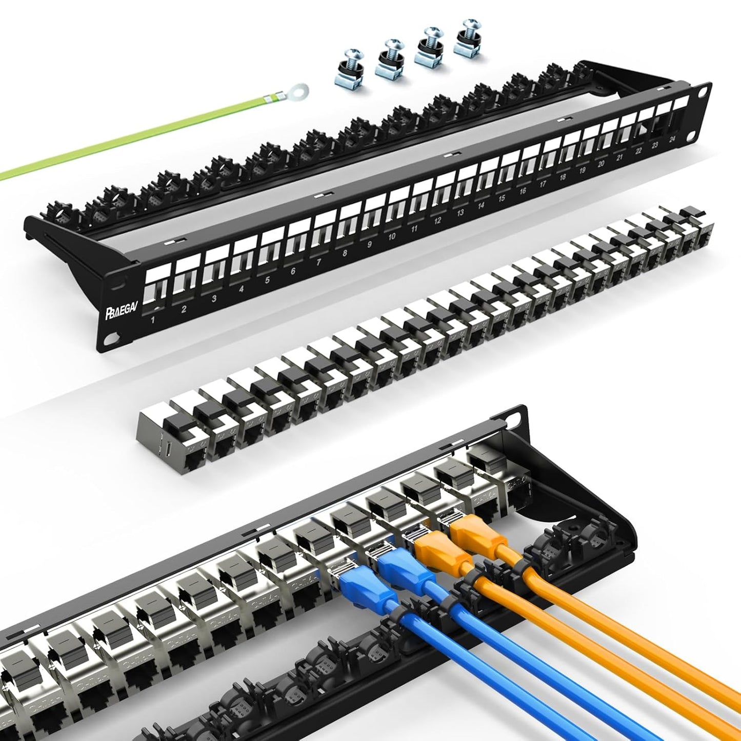 24 Port Patch Panel with Cat6A Keystone Jacks for Network Setup