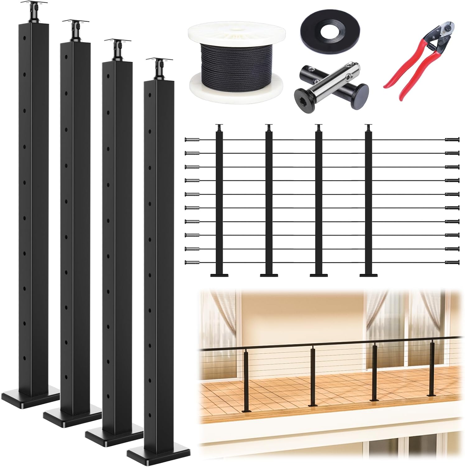 Muzata 15-20FT Modular Black Cable Railing Kit for Decks