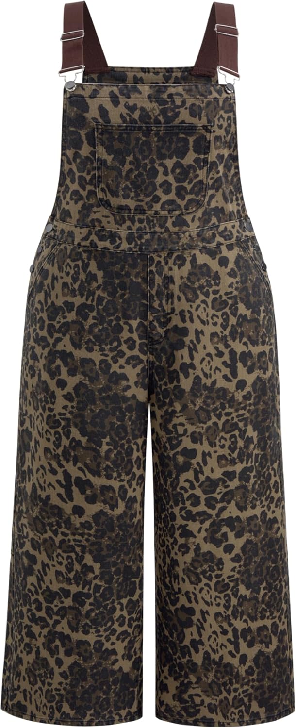 CIDER Women's Denim Leopard Pocket Buckle Up Wide Leg Jumpsuit