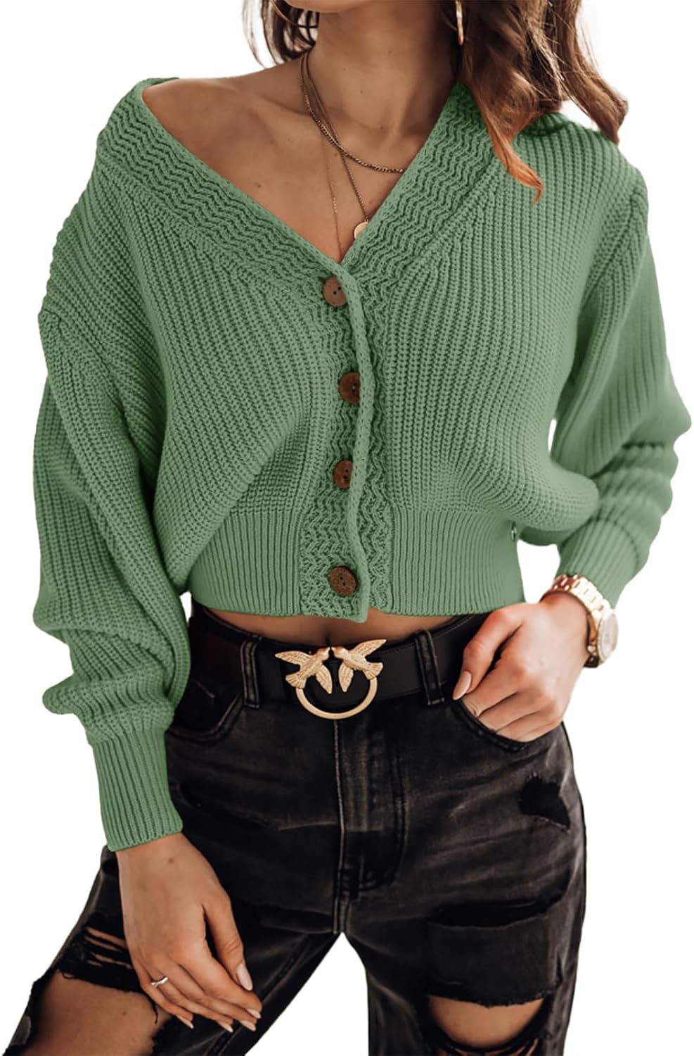 Febriajuce Women's Long Sleeve V-Neck Button Down Cardigan