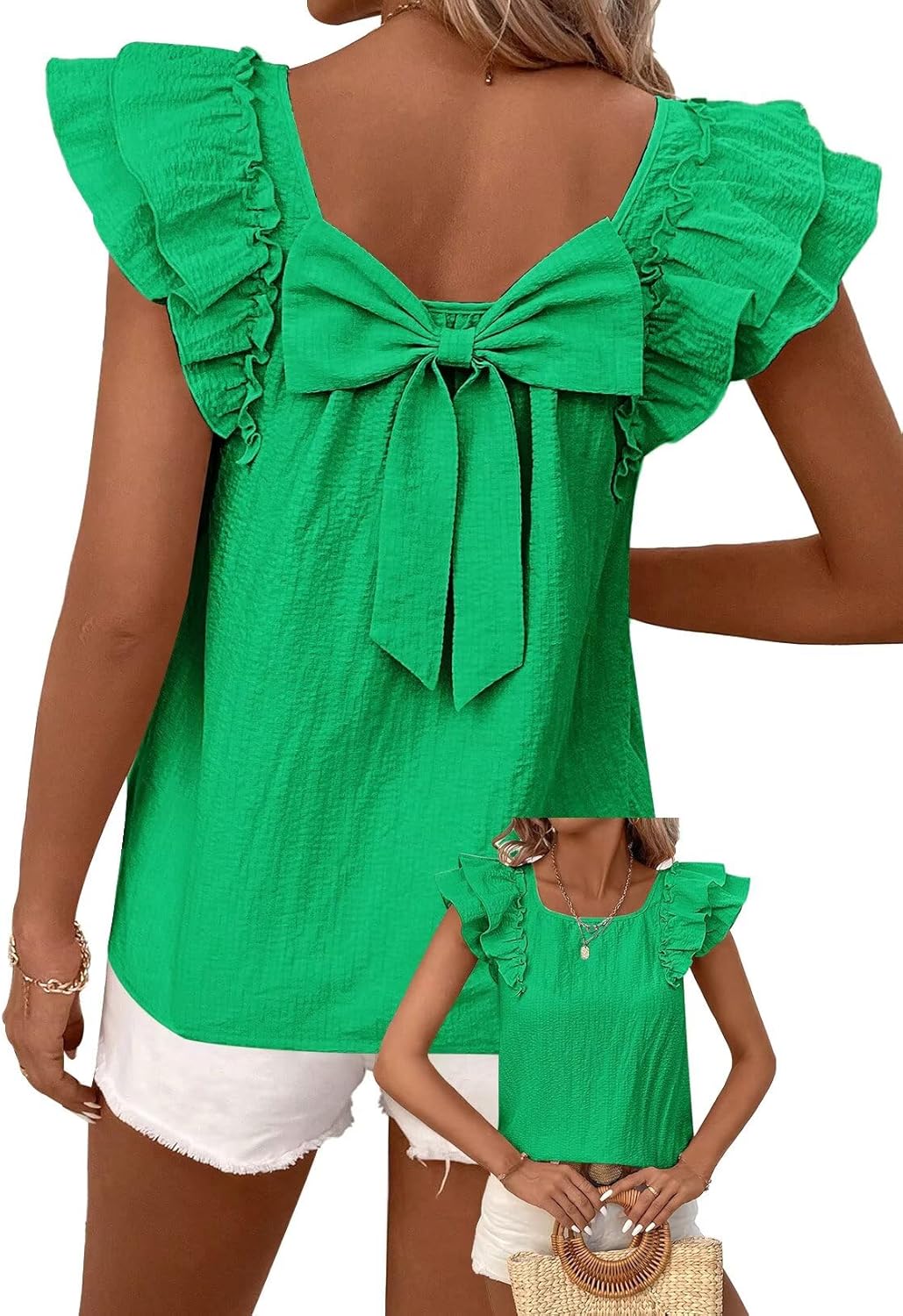Womens Bow Tie Back Tops Ruffle Short Sleeve Chiffon Tee