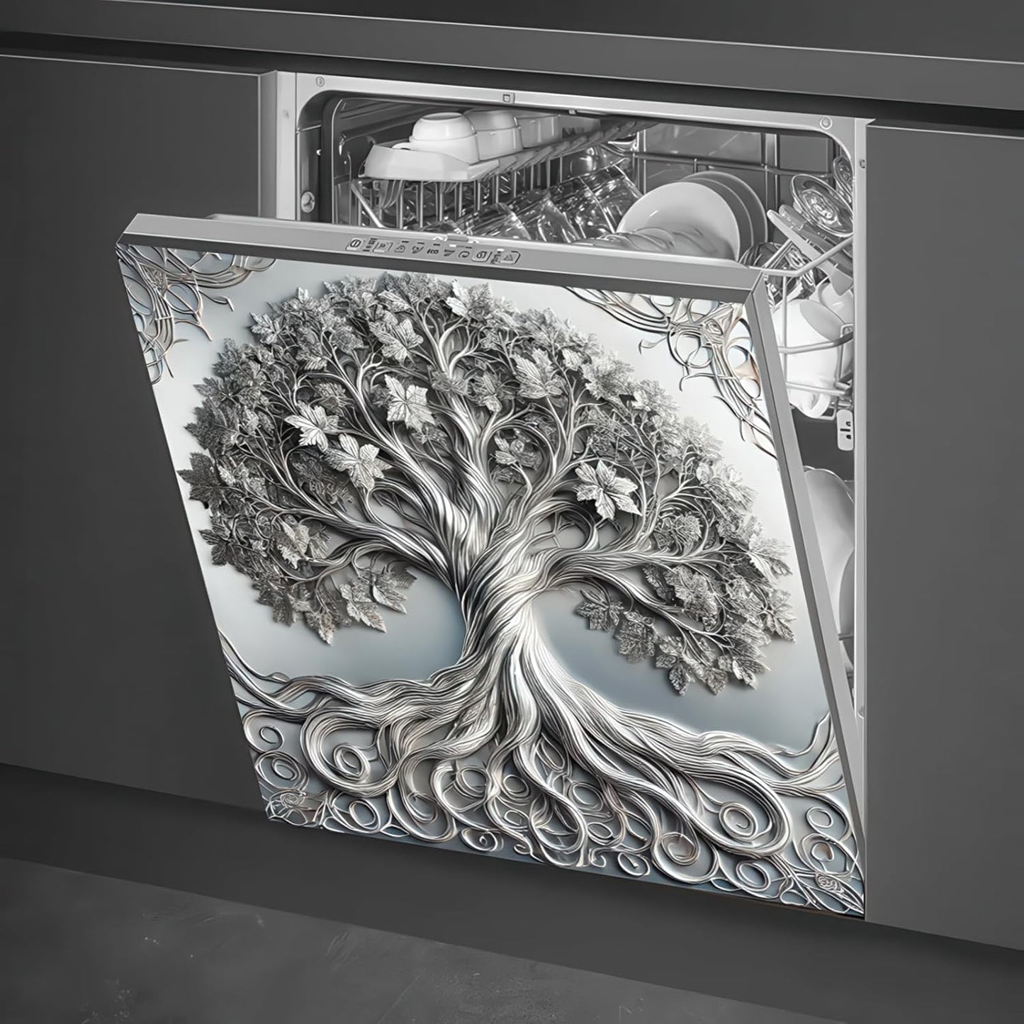 3D Silver Tree of Life Dishwasher Magnet Cover Skin Panel
