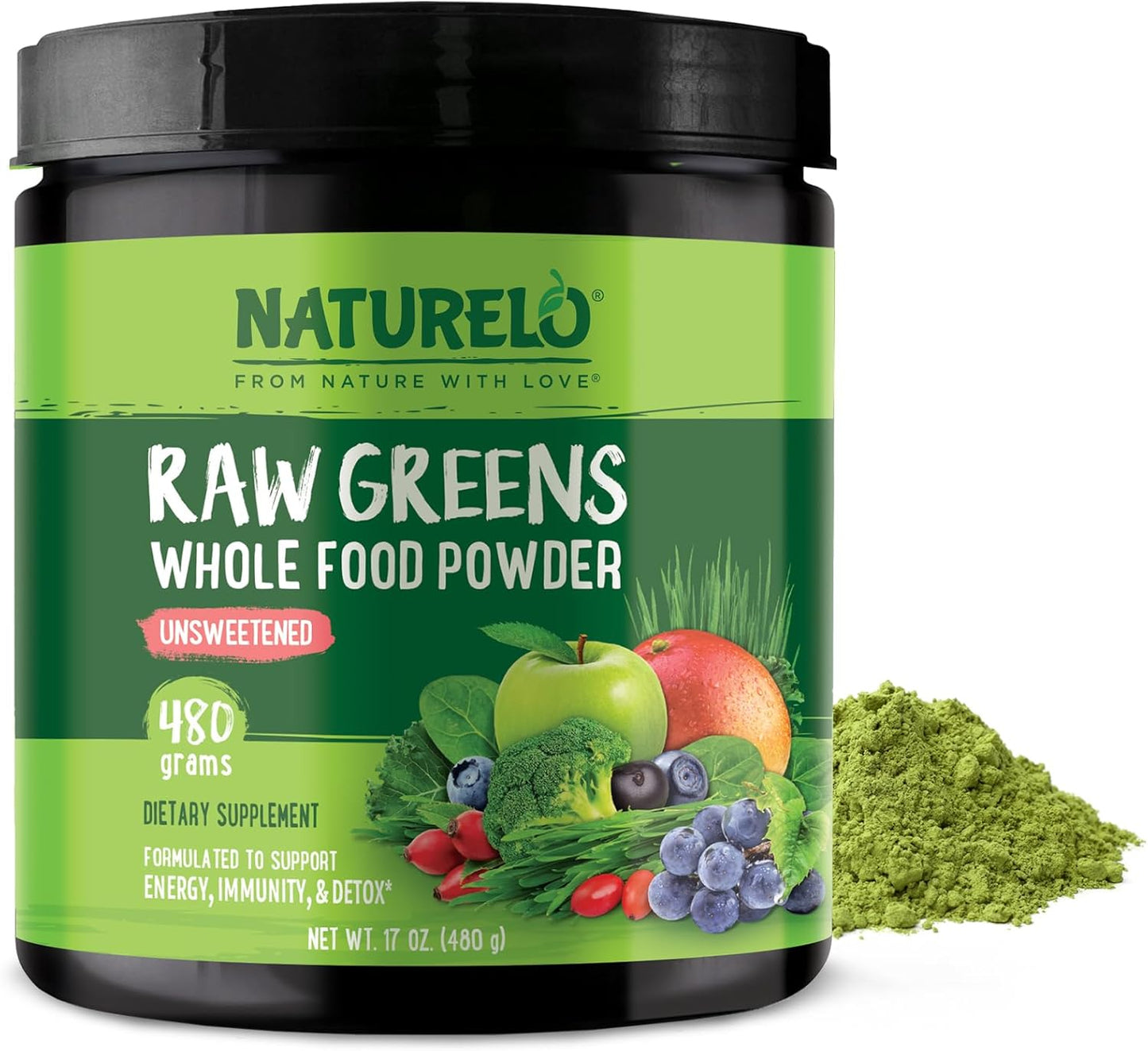 NATURELO Raw Greens Superfood Powder for Energy and Health