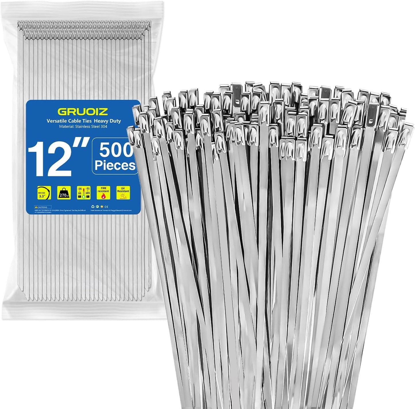 500-Pack 12 Stainless Steel Zip Ties, 270lbs Strength - Heavy Duty for Outdoor Use
