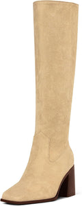 Knee High Boots for Women - Square Toe Chunky Block Heel