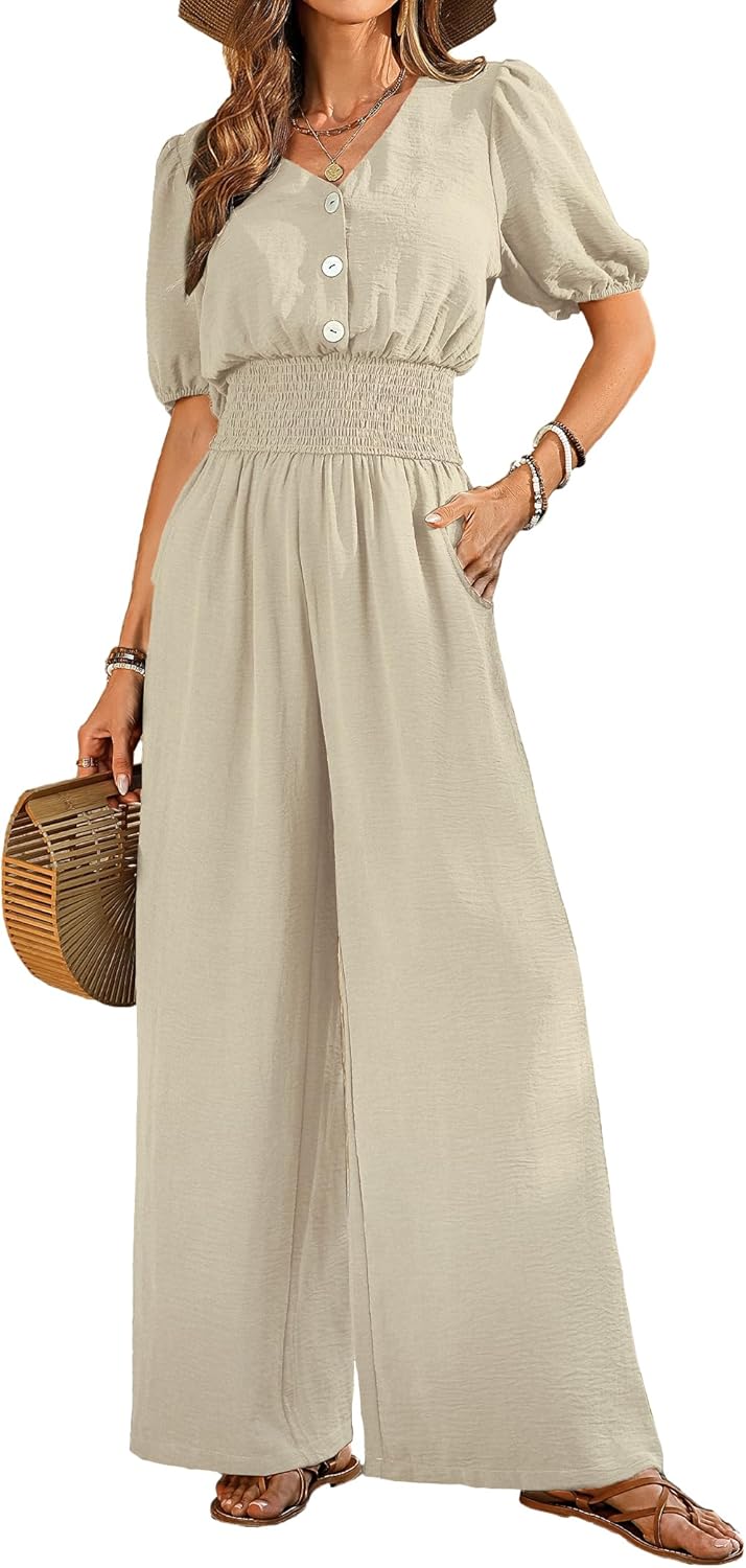 Womens Jumpsuits Short Sleeve V Neck Dressy Casual Wide Leg Pants
