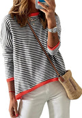 Women's Cotton Crewneck Striped Color Block Pullover - Casual Fit