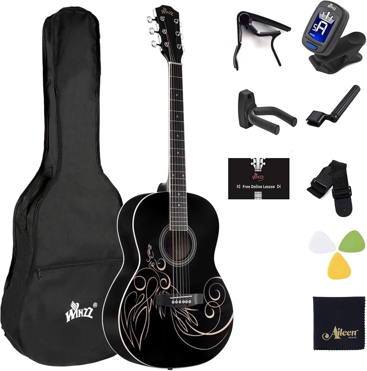 WINZZ Concert Acoustic Guitar Kit - Delicate Vine Design