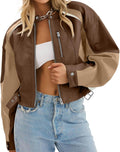 Womens Faux Leather Cropped Bomber Jacket - Color Block Fall Style