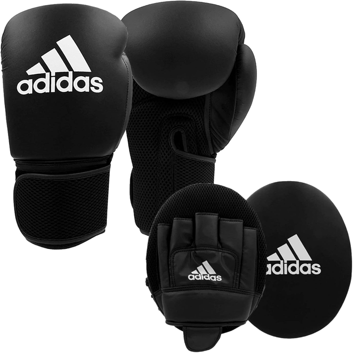 adidas Boxing Home Training Kit - Gloves & Mitts Set for Adult & Kids - Black White