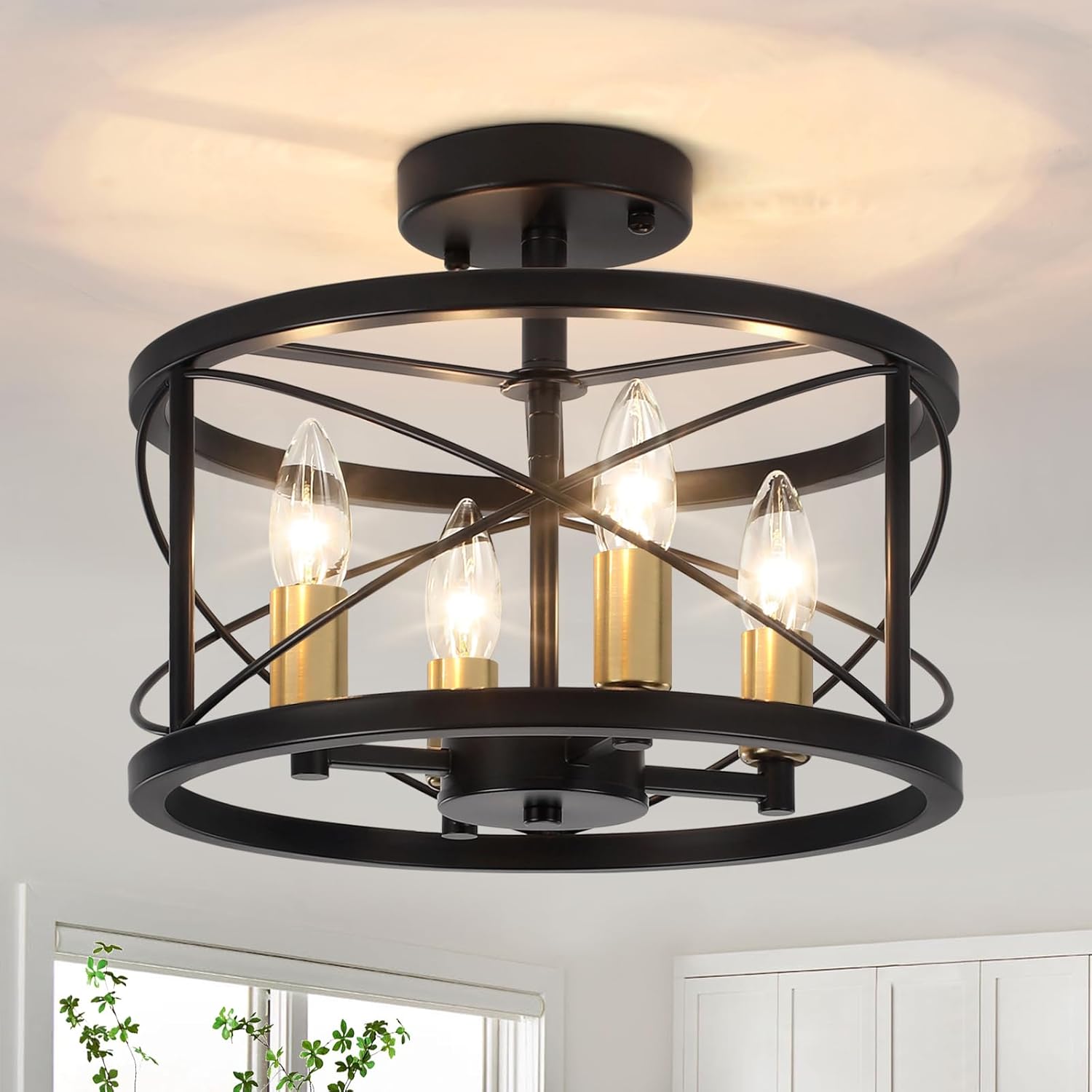 Black and Brushed Gold Semi Flush Mount Ceiling Light Fixture