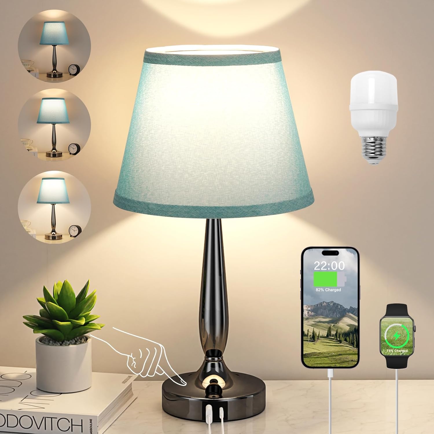 Touch Bedside Lamp with USB Ports for Bedroom and Office