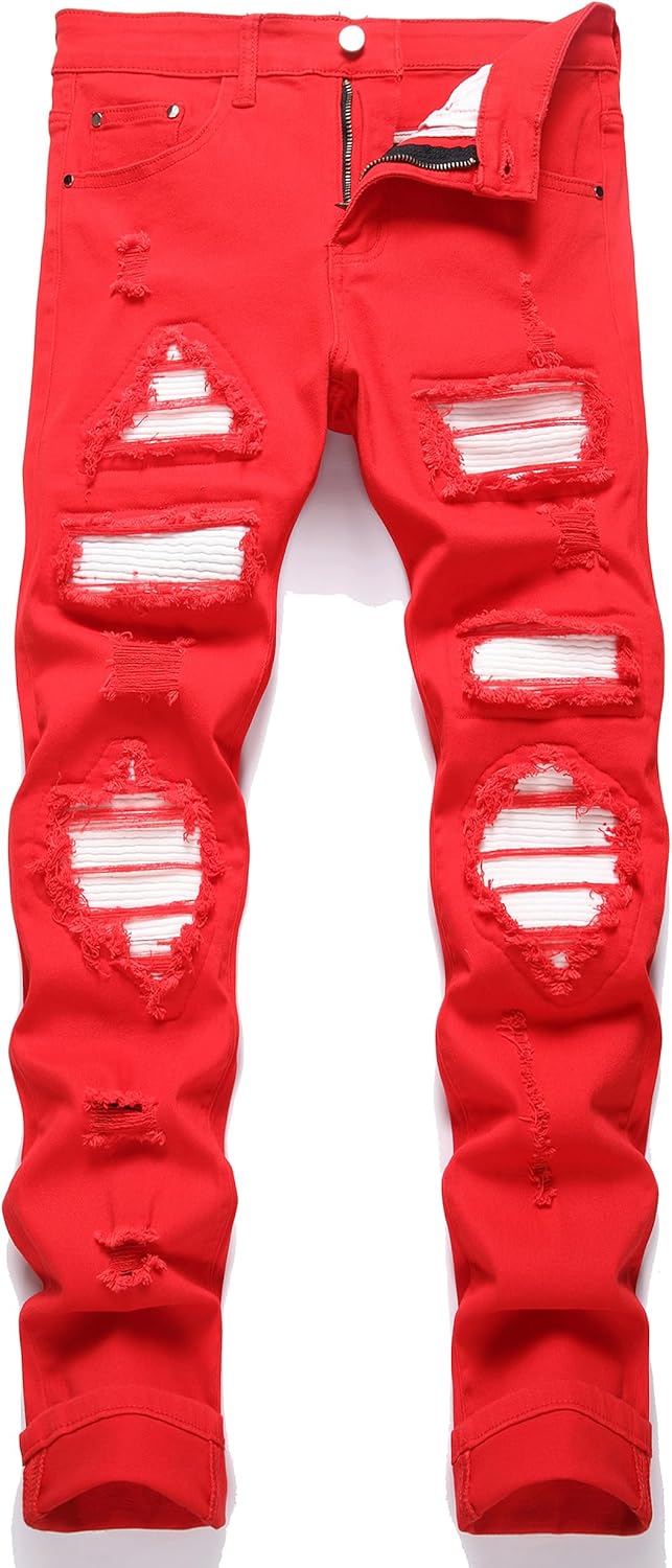 Men's Ripped Patch Elastic Jeans for Fashionable Slim Fit Style