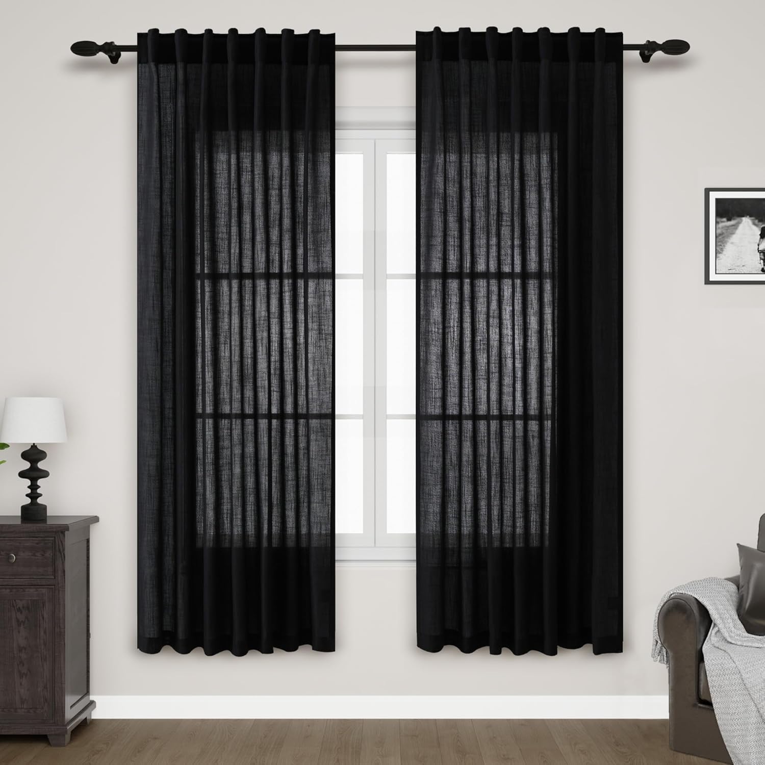 Nanspring Black Semi Sheer Linen Curtains for Modern Decor