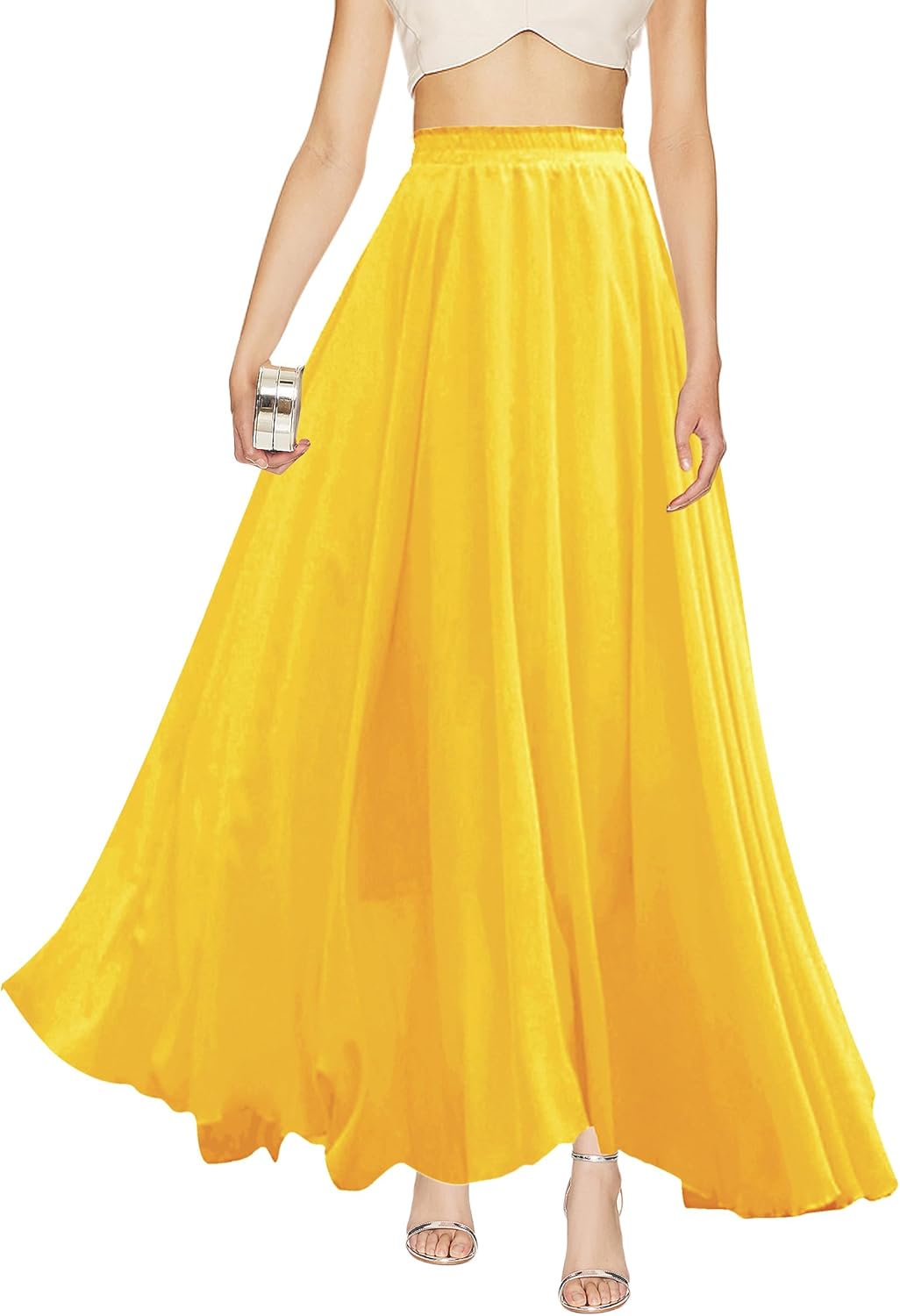 v28 Women Full Ankle Length Elastic Pleated Retro Maxi Skirt