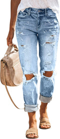 KUNMI Women's Ripped Mid Waisted Boyfriend Jeans Loose Fit - Stretchy