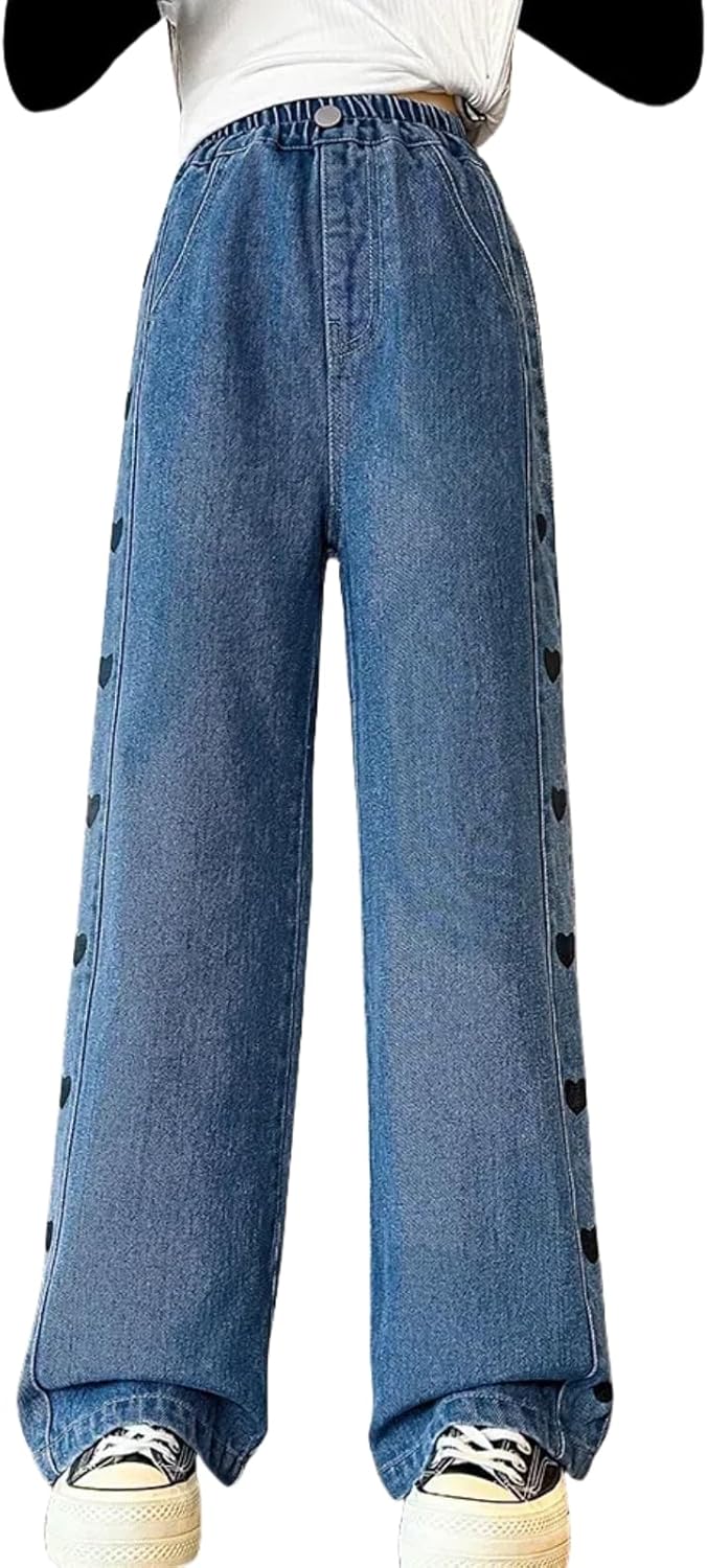 NABER Kids Girls Casual Baggy Wide Leg Denim Pants for Ages 5-14