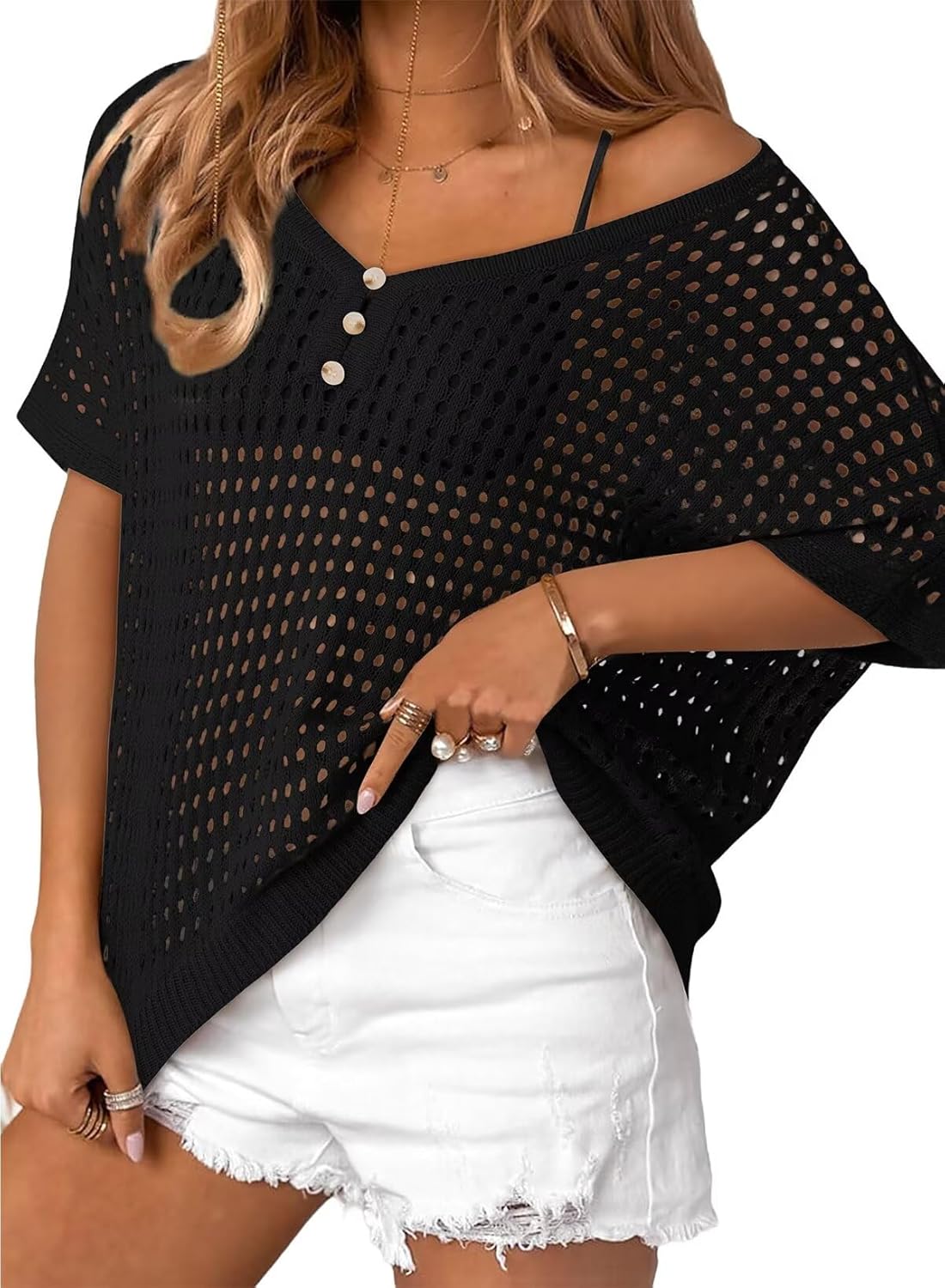 Dokotoo Womens Summer V Neck Button Down Crochet Coverup Top