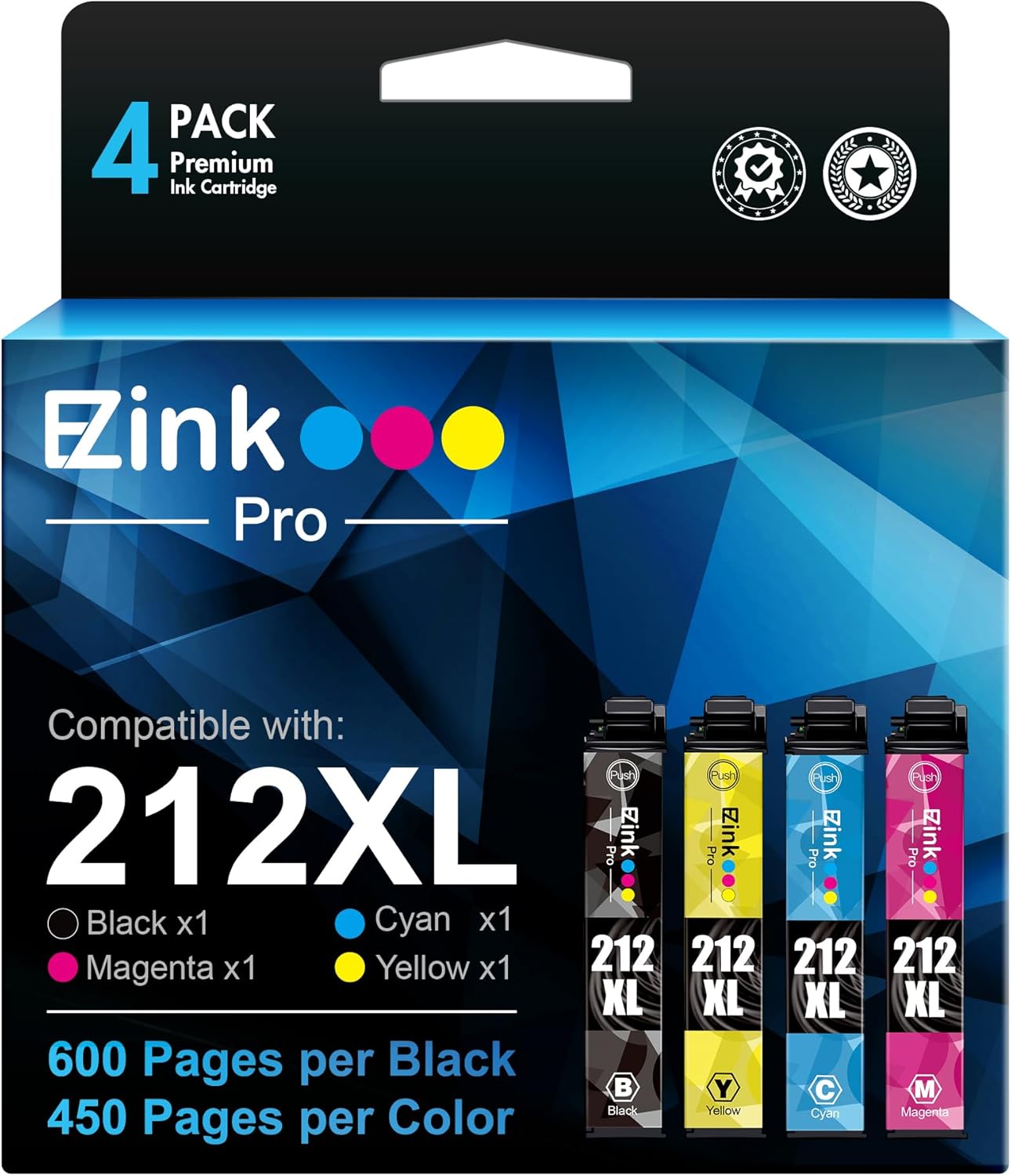 Epson 212 XL Ink Cartridges 4-Pack - Upgraded Chips