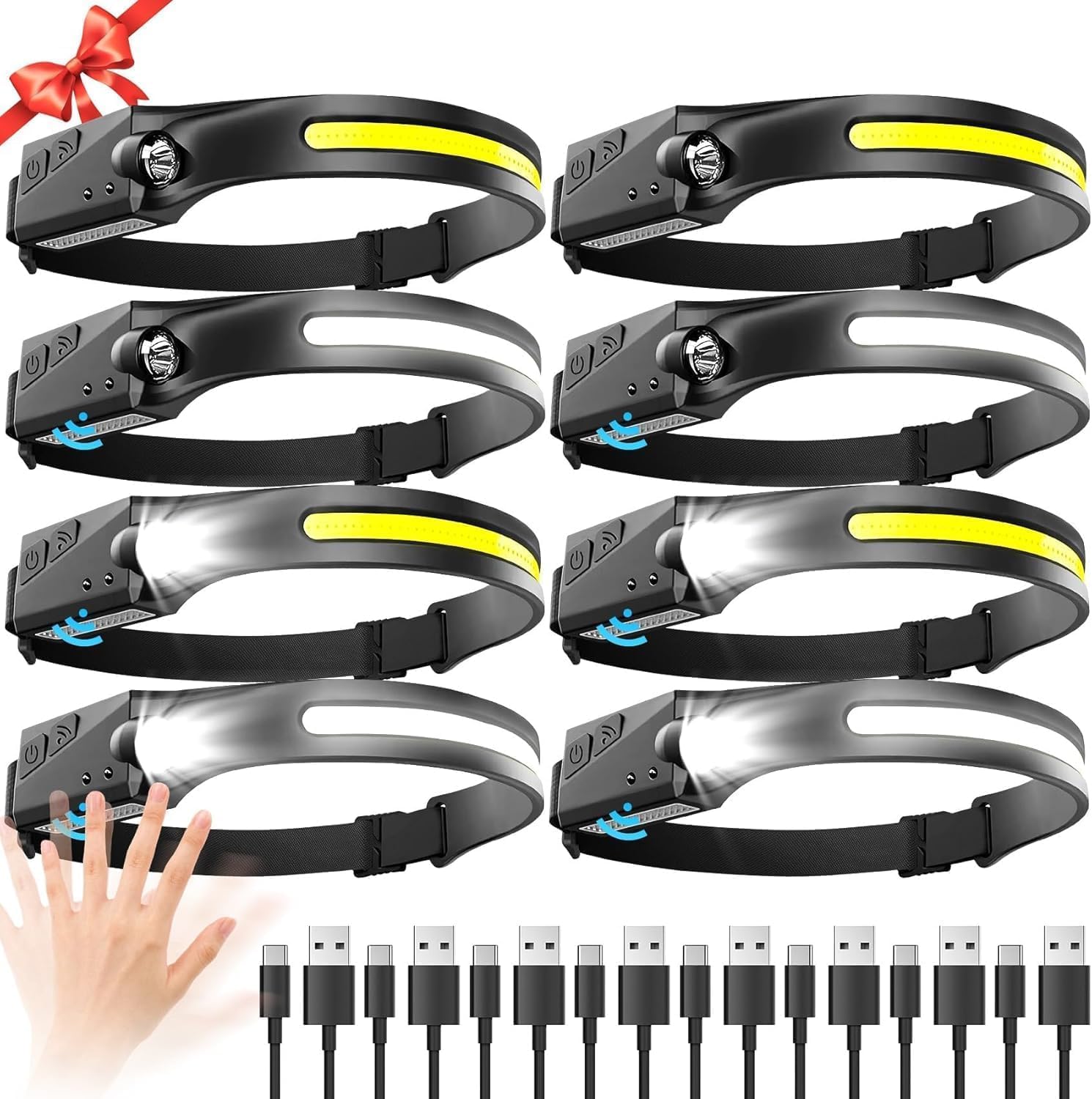 Rechargeable Headlamp 8 Pack with Motion Sensor for Outdoor Use