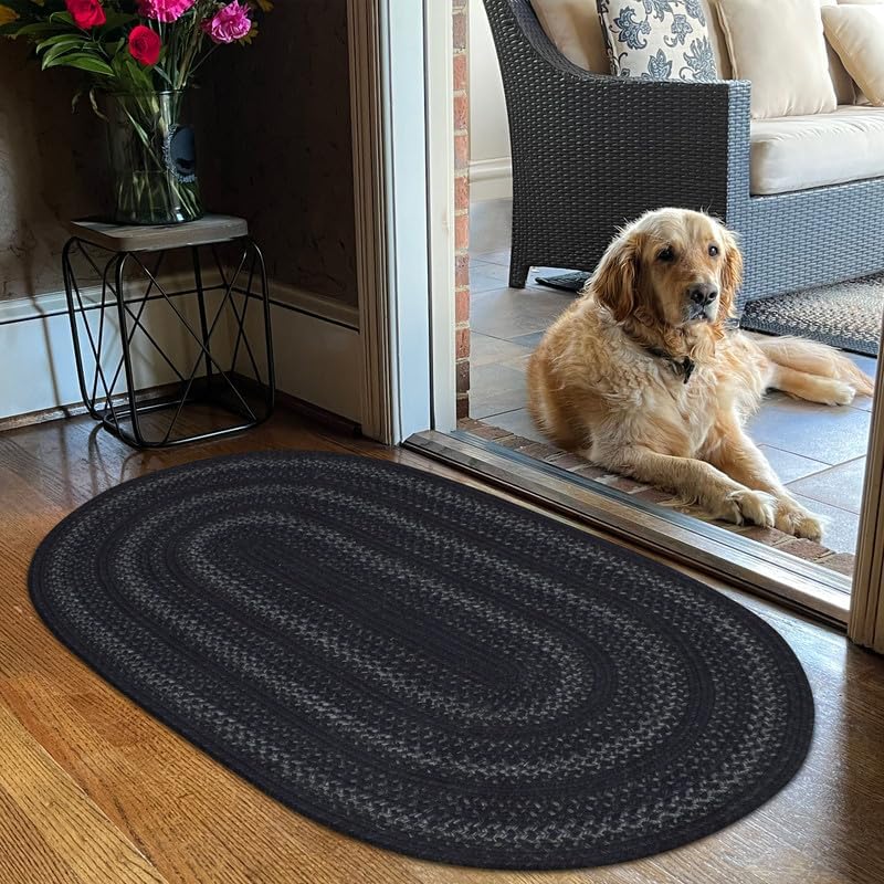 Jet Black Entryway Rug - Rustic Oval Jute Rug for Home Decor