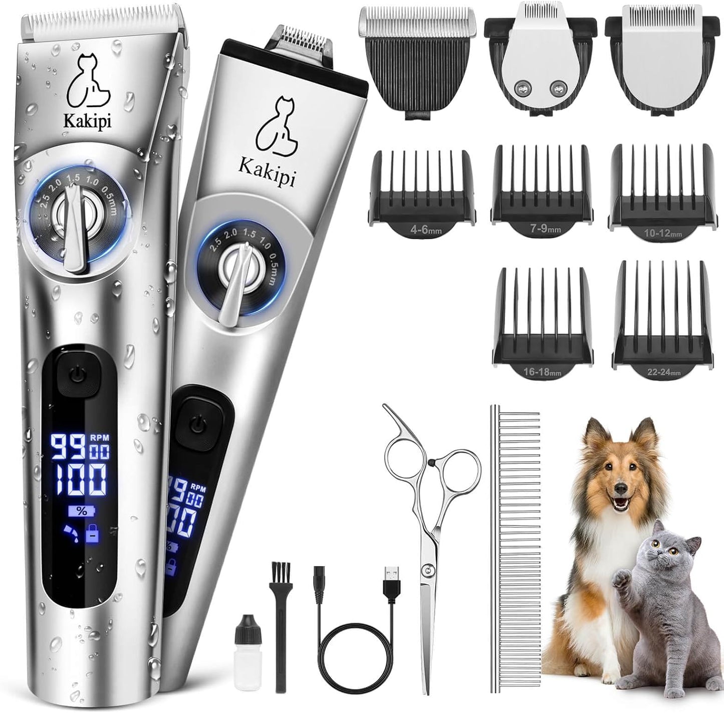 Quiet 3-in-1 Dog Clippers for Thick Hair, Waterproof Kit with Trimmer - Kakipi