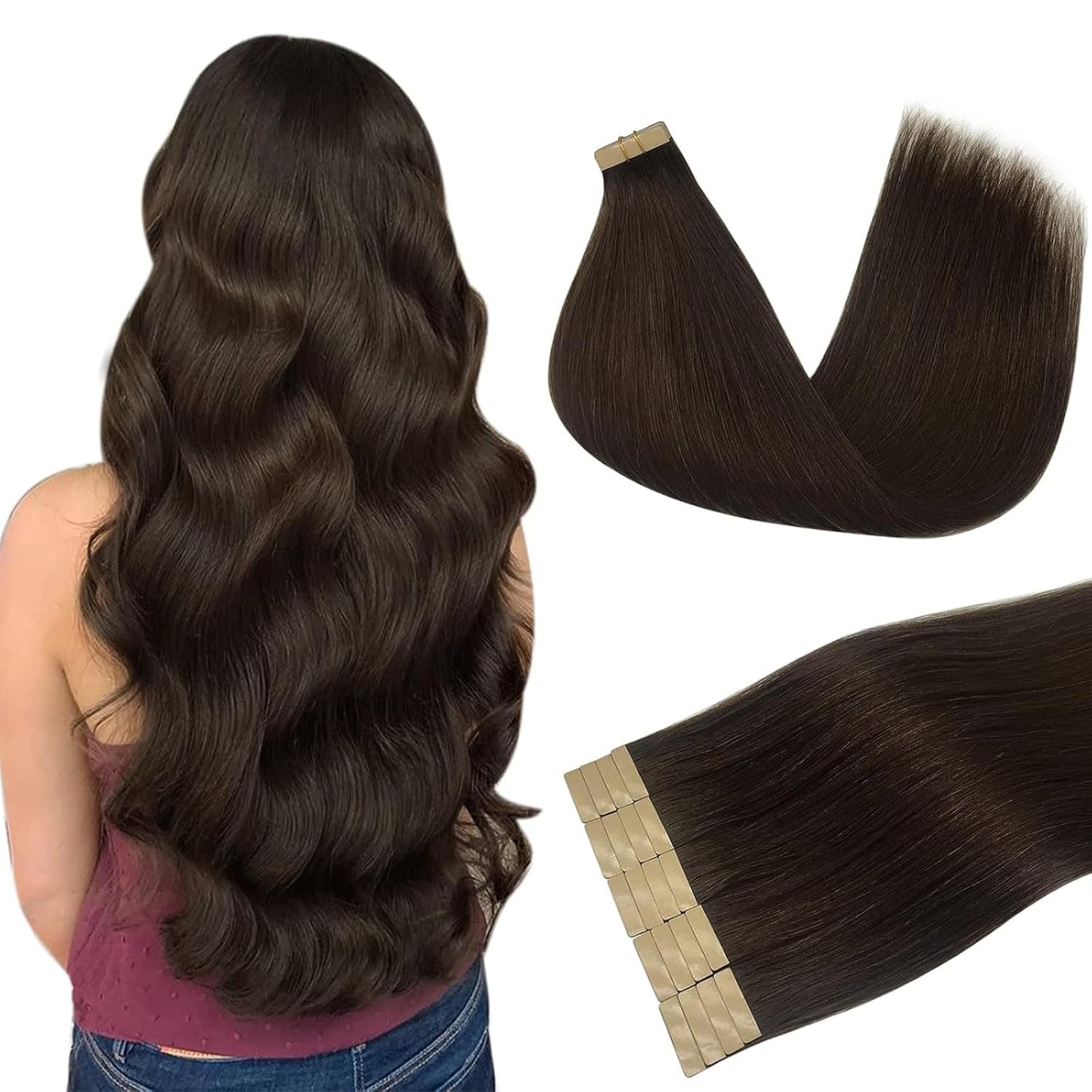 Hair Extensions Human Hair Tape in, Light Dark Brown 18 Inch