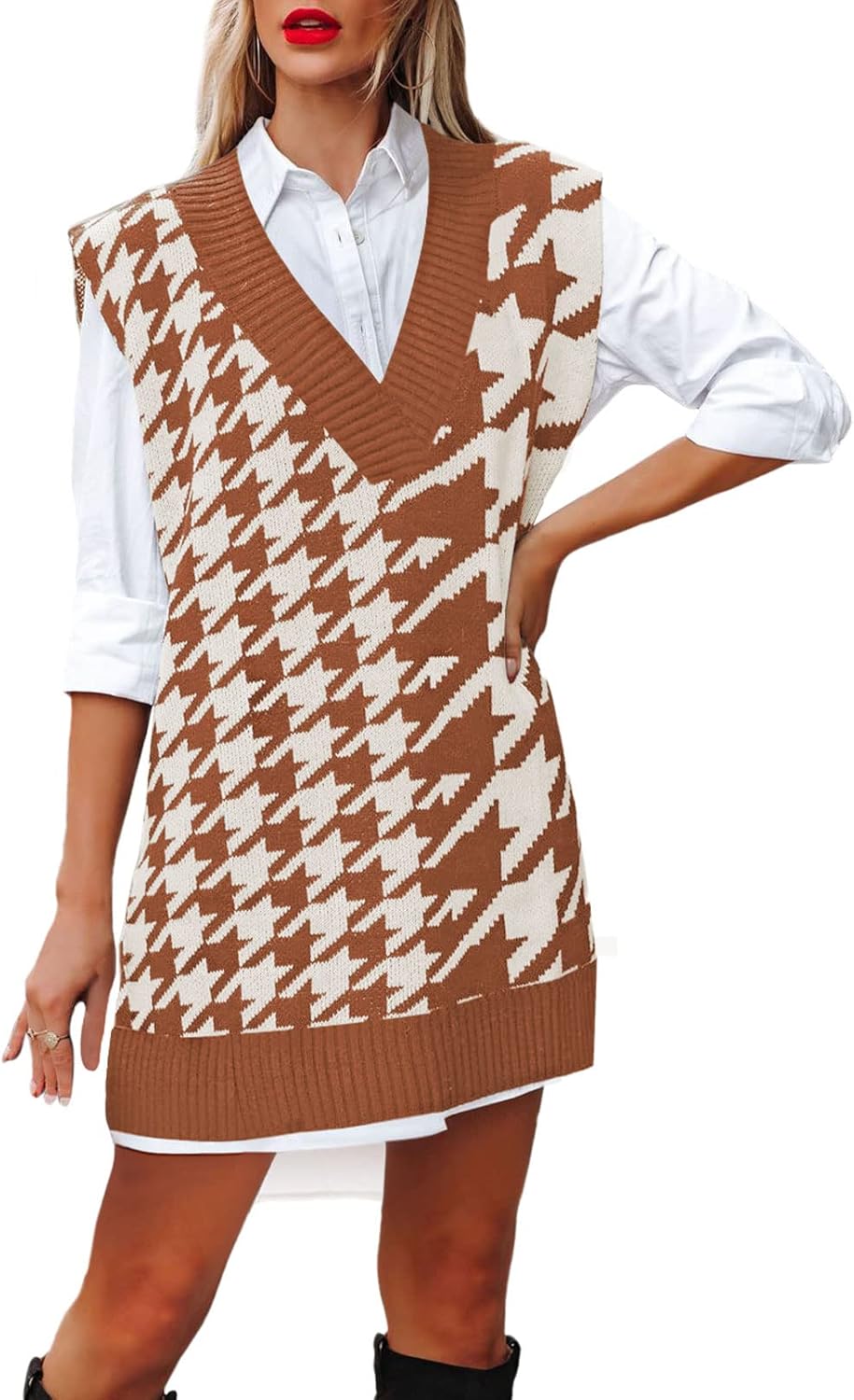 Viottiset Women's Oversized V Neck Knit Sweater Vest Tunic