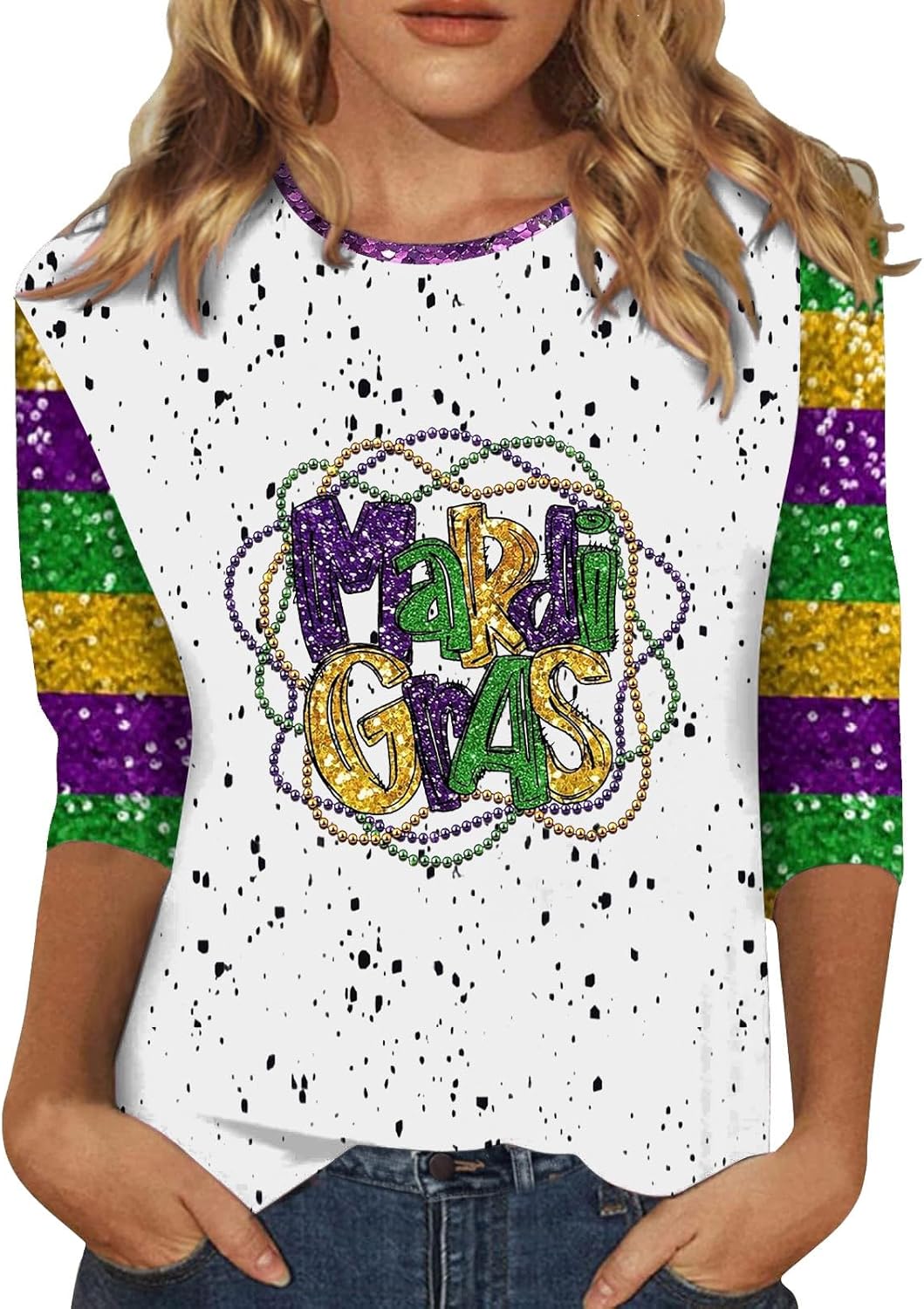Mardi Gras Sequin Blouse: Trendy 3/4 Sleeve Top for Women