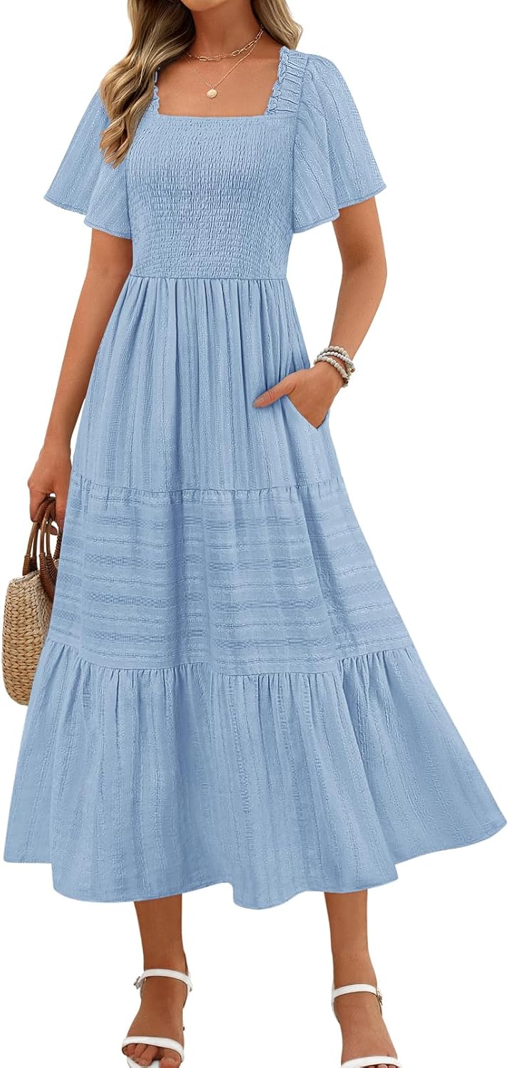 Flowy Midi Maxi Dress for Women with Pockets and Ruffles