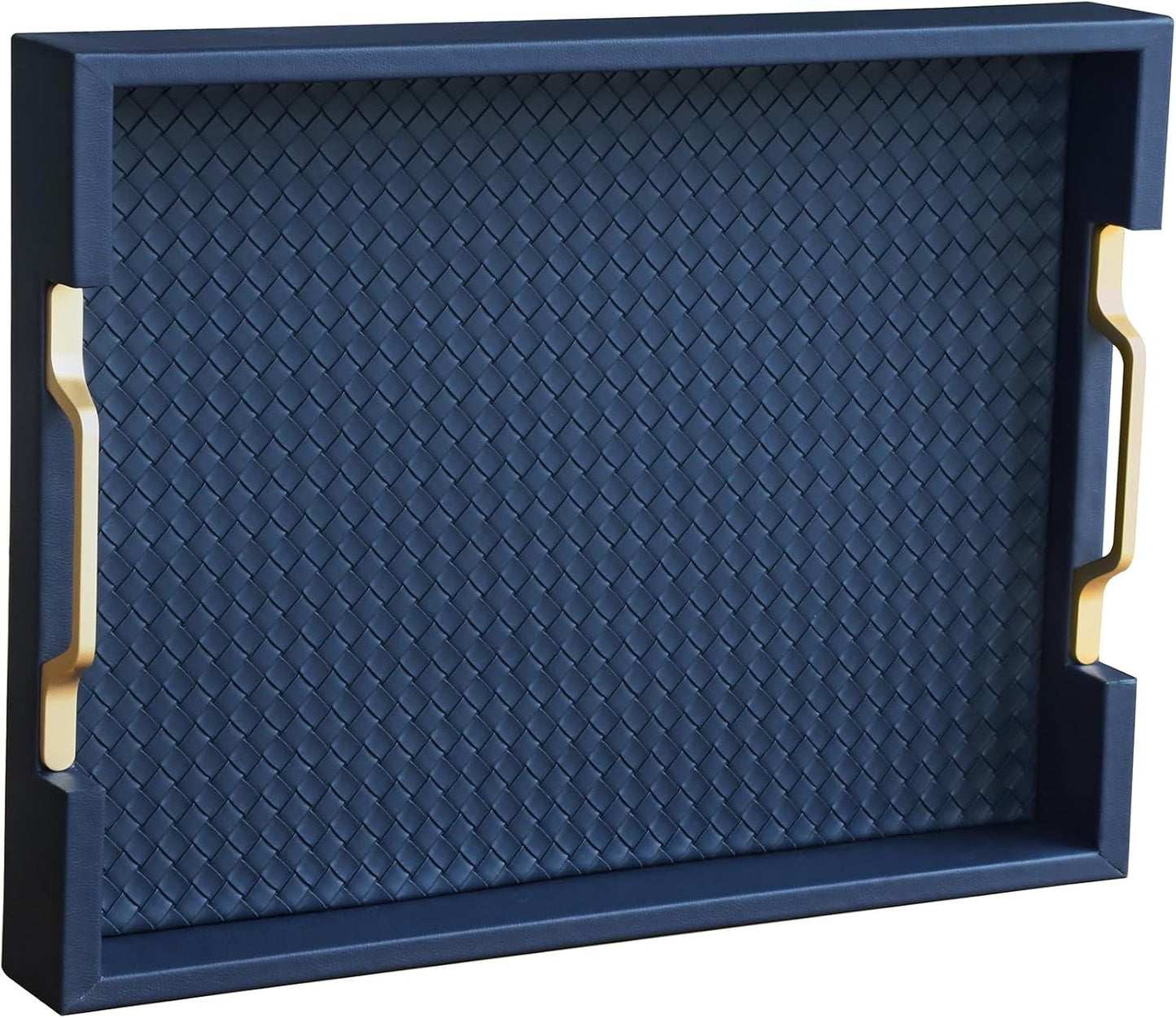 Faux Leather Rectangle Serving Tray with Gold Handles for Decor