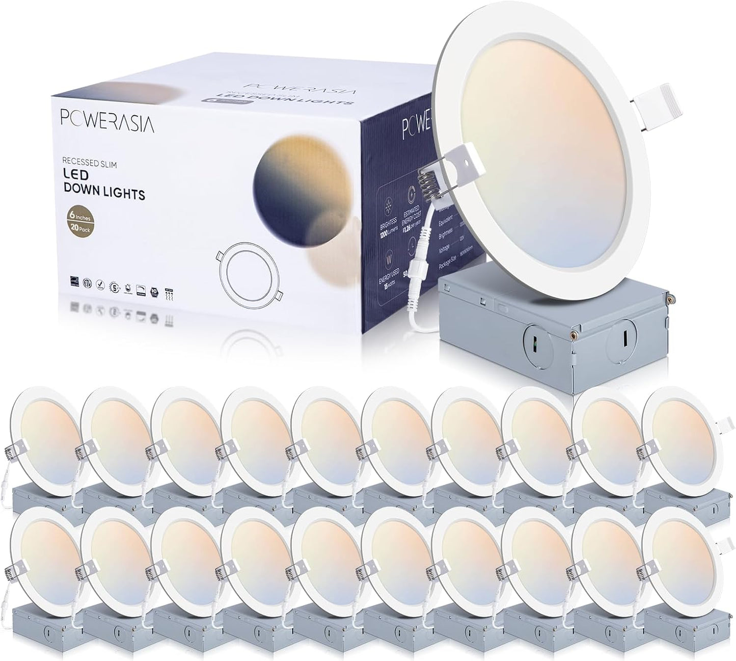 20 Pack 6 Inch LED Recessed Lighting with Junction Box and Dimming