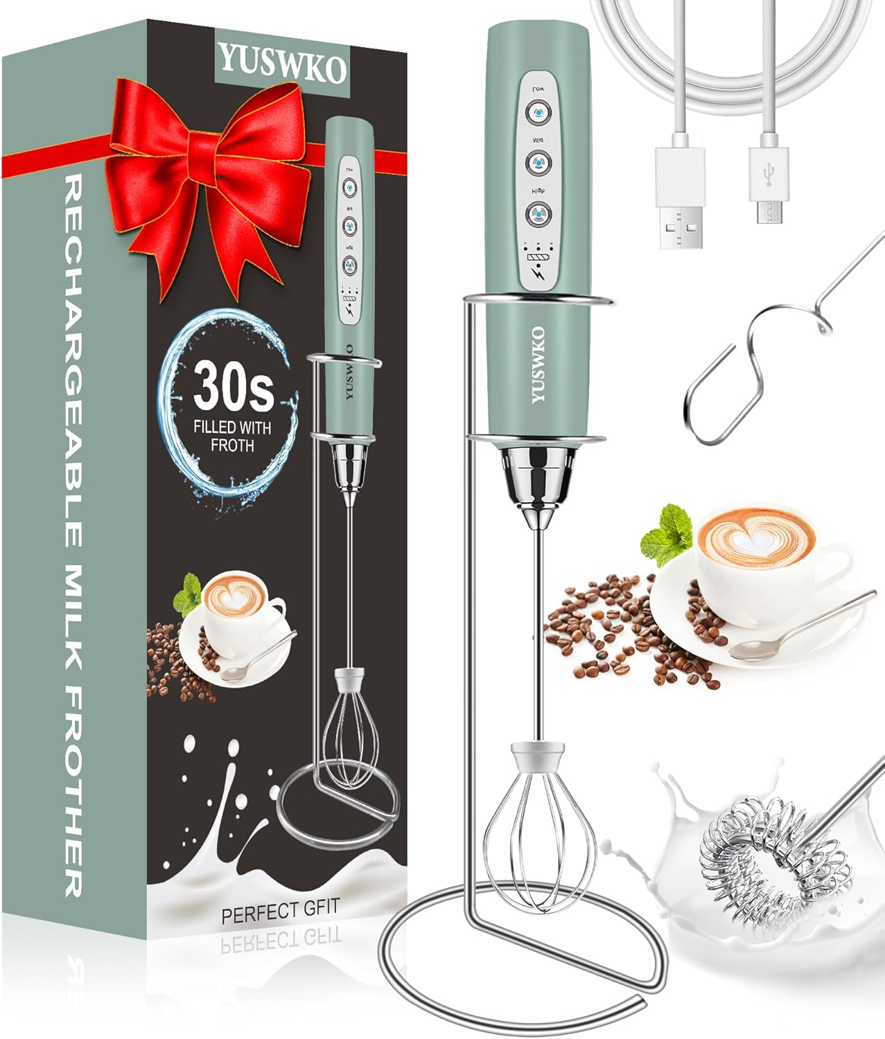 YUSWKO Handheld Milk Frother for Coffee with 3 Whisk Heads