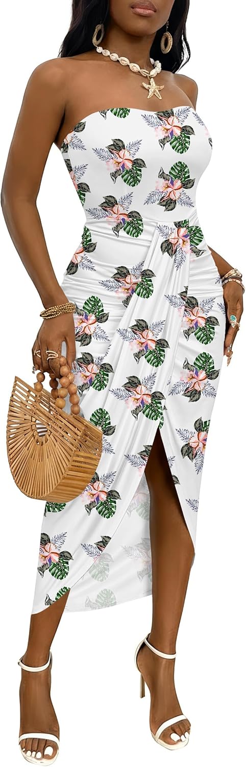 Umenlele Women's Strapless Ruched High Waist Beach Maxi Dress