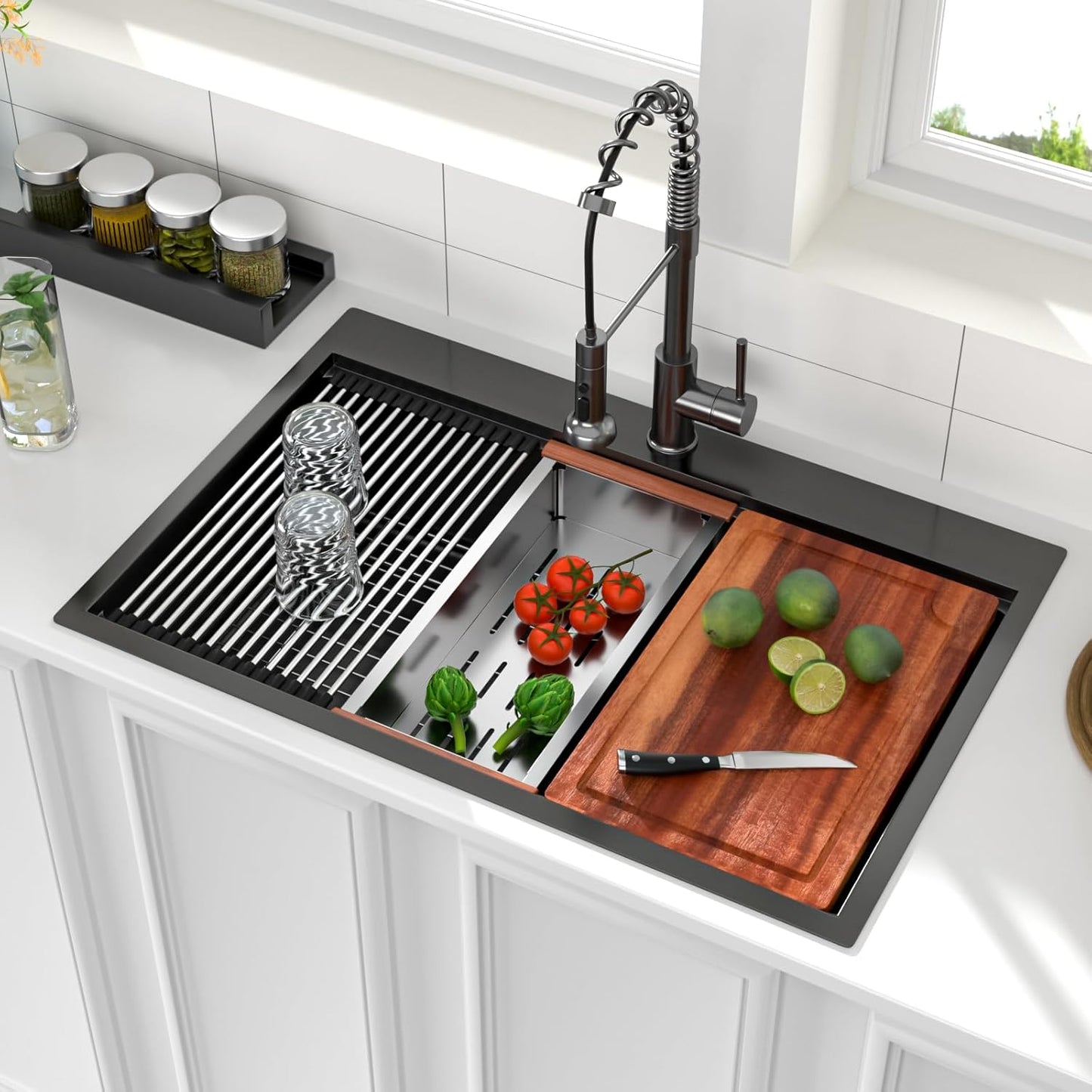 Logmey 33x22 Drop In Kitchen Sink Workstation in Gunmetal Black