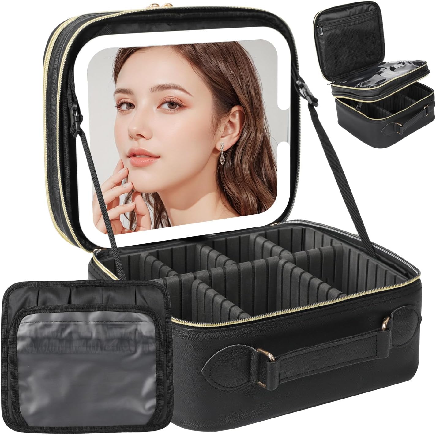 Travel Makeup Bag with LED Mirror and Adjustable Dividers