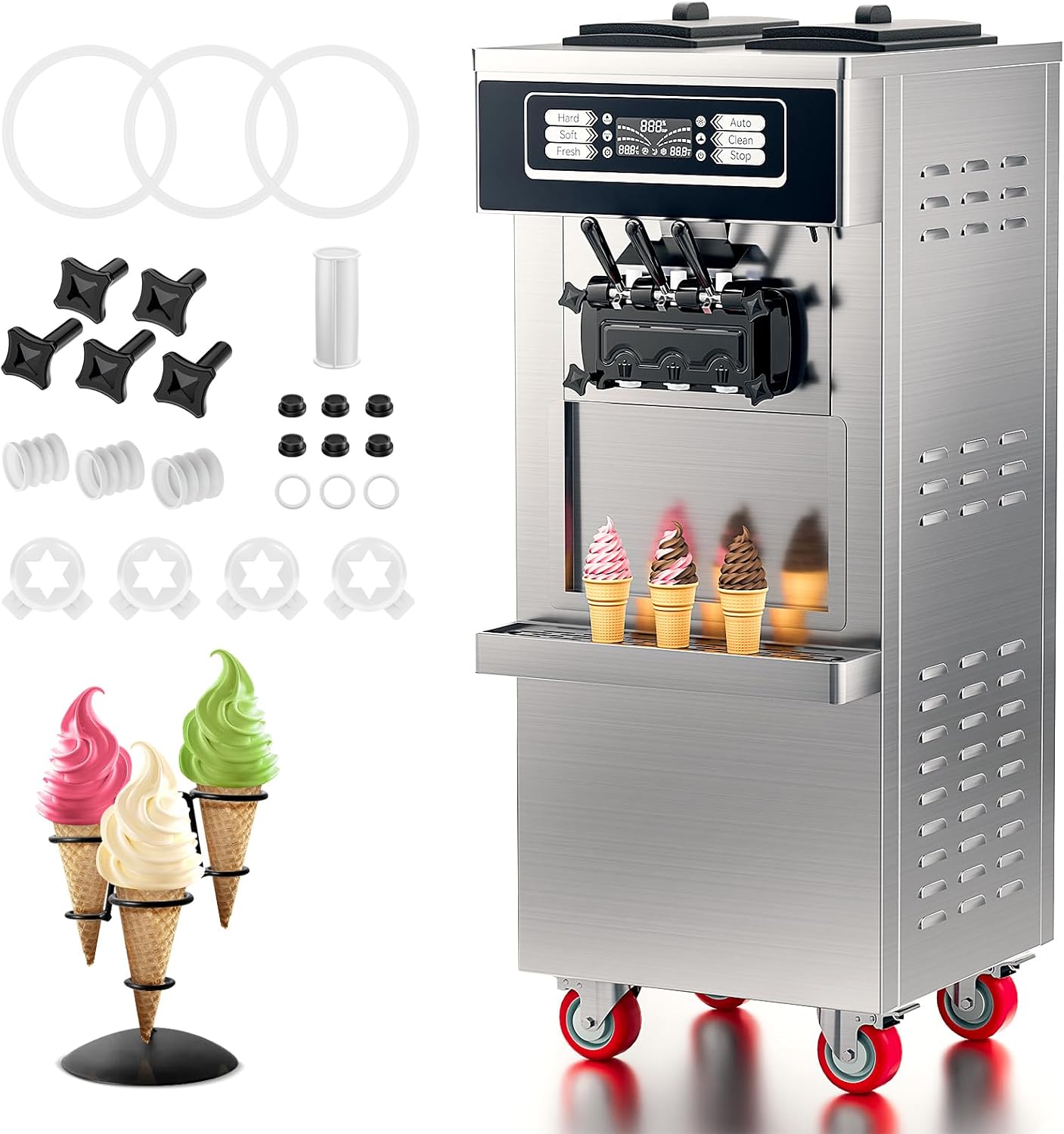 EKway Soft Serve Ice Cream Machine - 35 QT/H Yield, 2200w, LCD Panel, Auto Clean