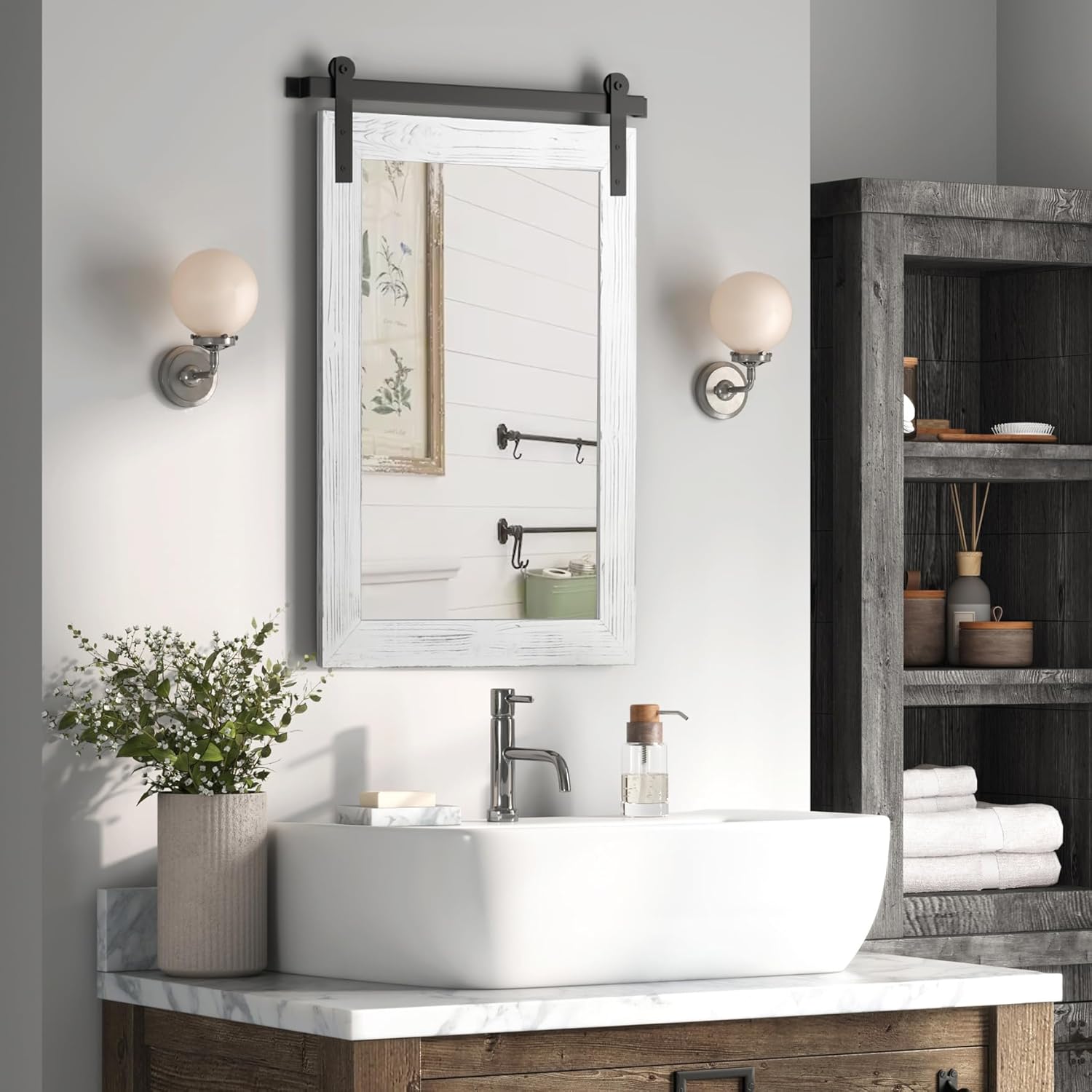 Farmhouse Barn Door Mirror - Rustic Wood Framed Wall Decor