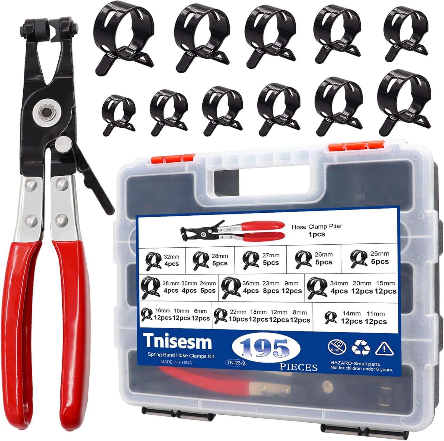 195Pcs Spring Band Hose Clamps Assortment with Pliers Kit