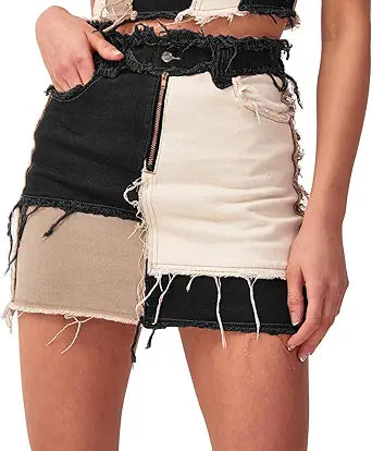 Tulucky Womens Fashion Mid-Rise Color Blocking Denim Skirt