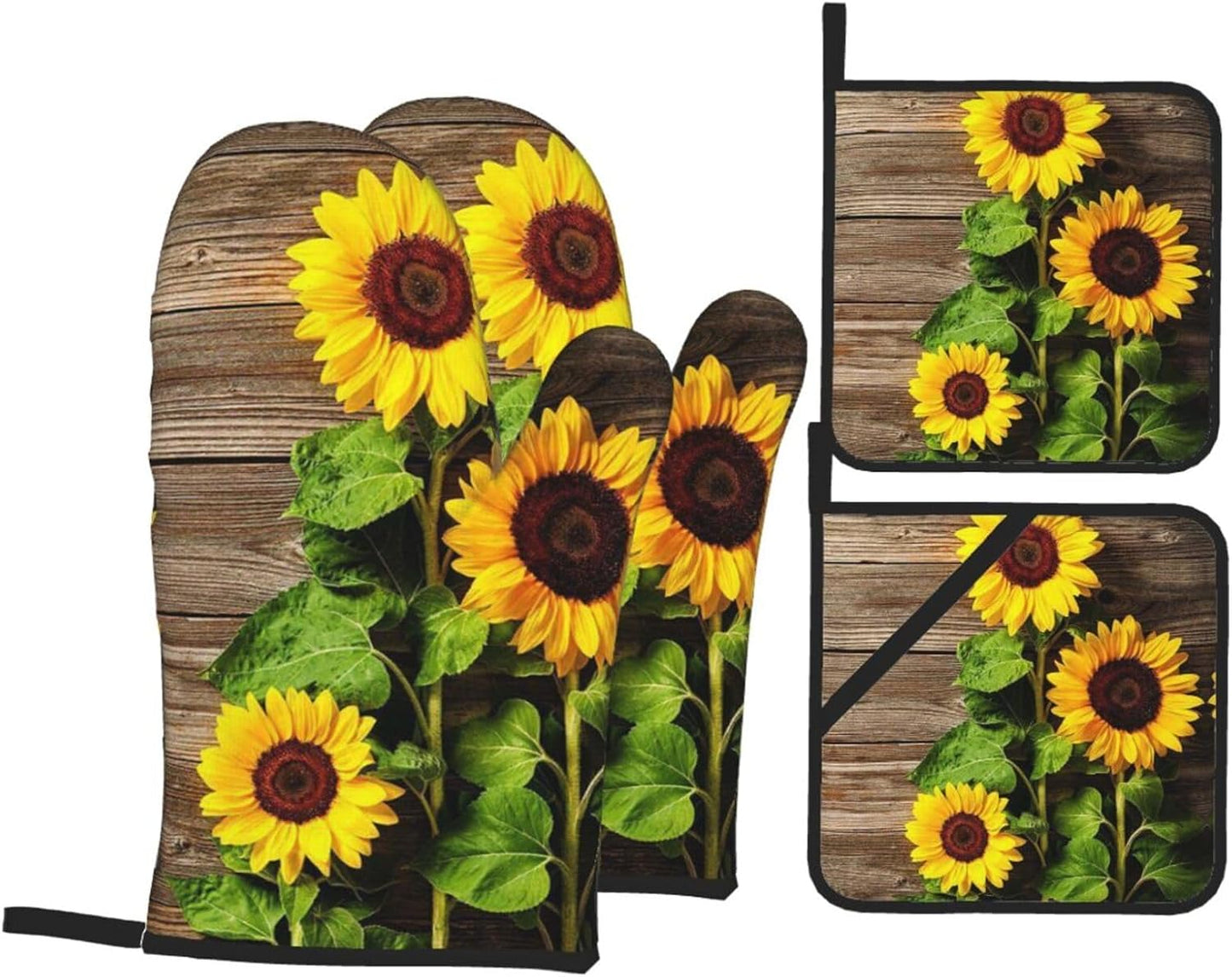 Sunflower Print Kitchen Oven Mitts Set - Heat Resistant & Non-Slip