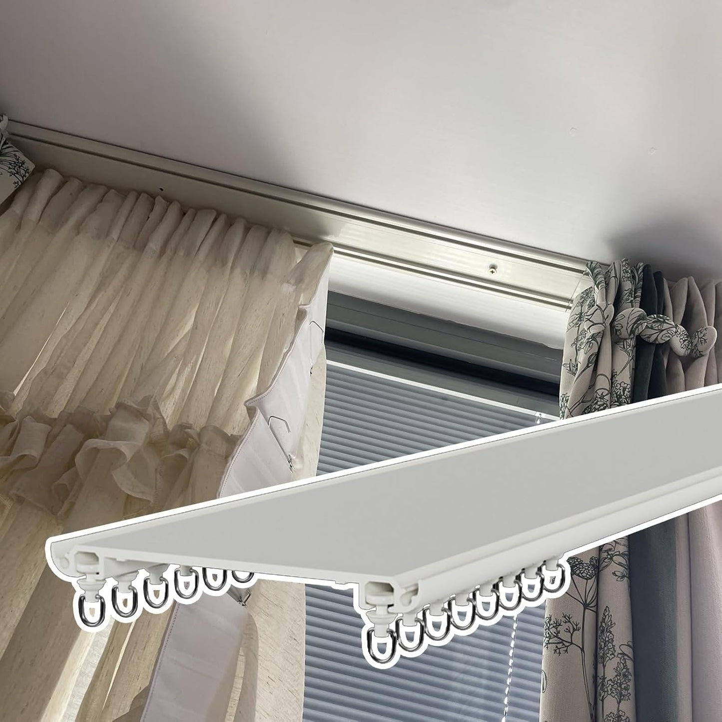 Ultra-Thin Double Curtain Track - Heavy Duty Metal Rod, White, 2.5M/8FT