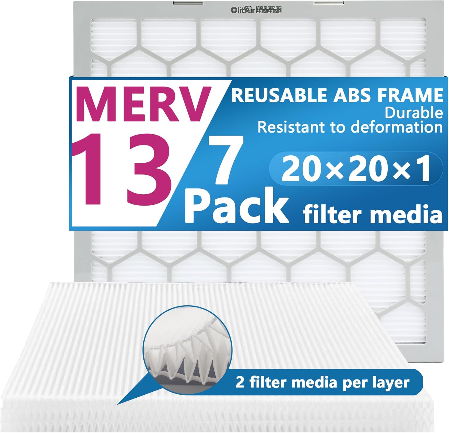 20x20x1 MERV 13 Air Filter with Reusable ABS Frame - 7 Pack