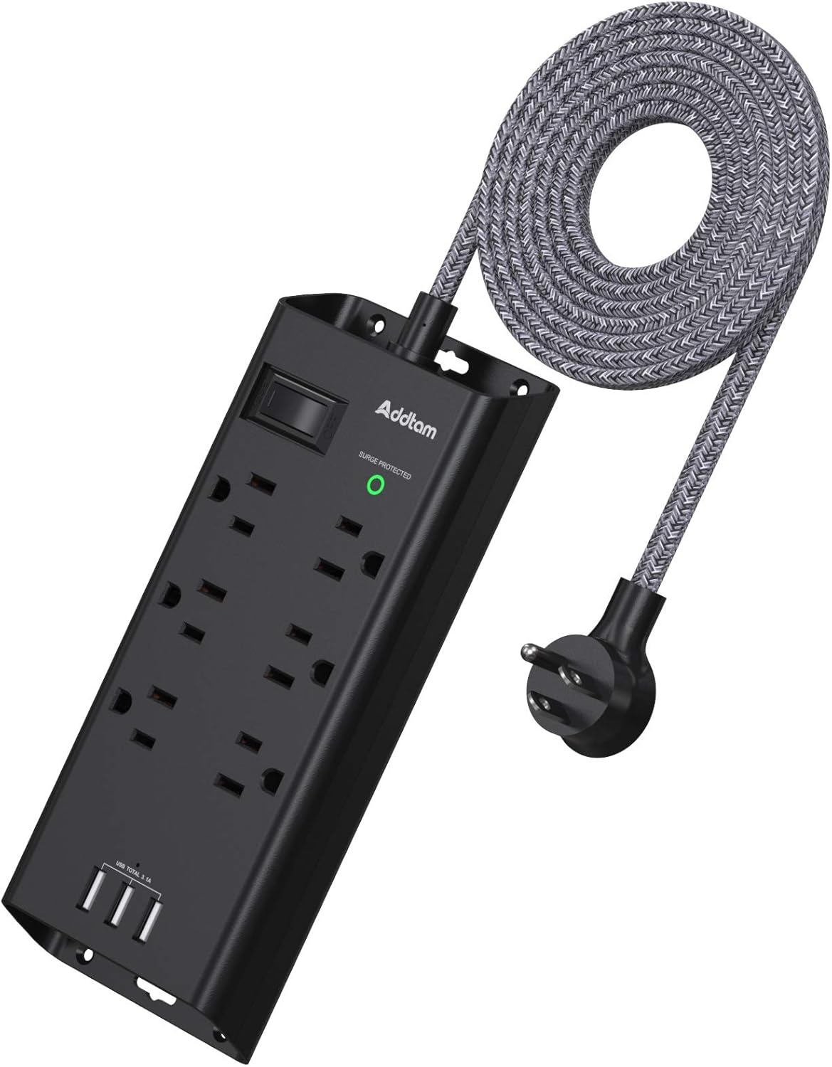 Addtam Power Strip Surge Protector - 6 Outlets, 3 USB Ports, 5Ft Cord