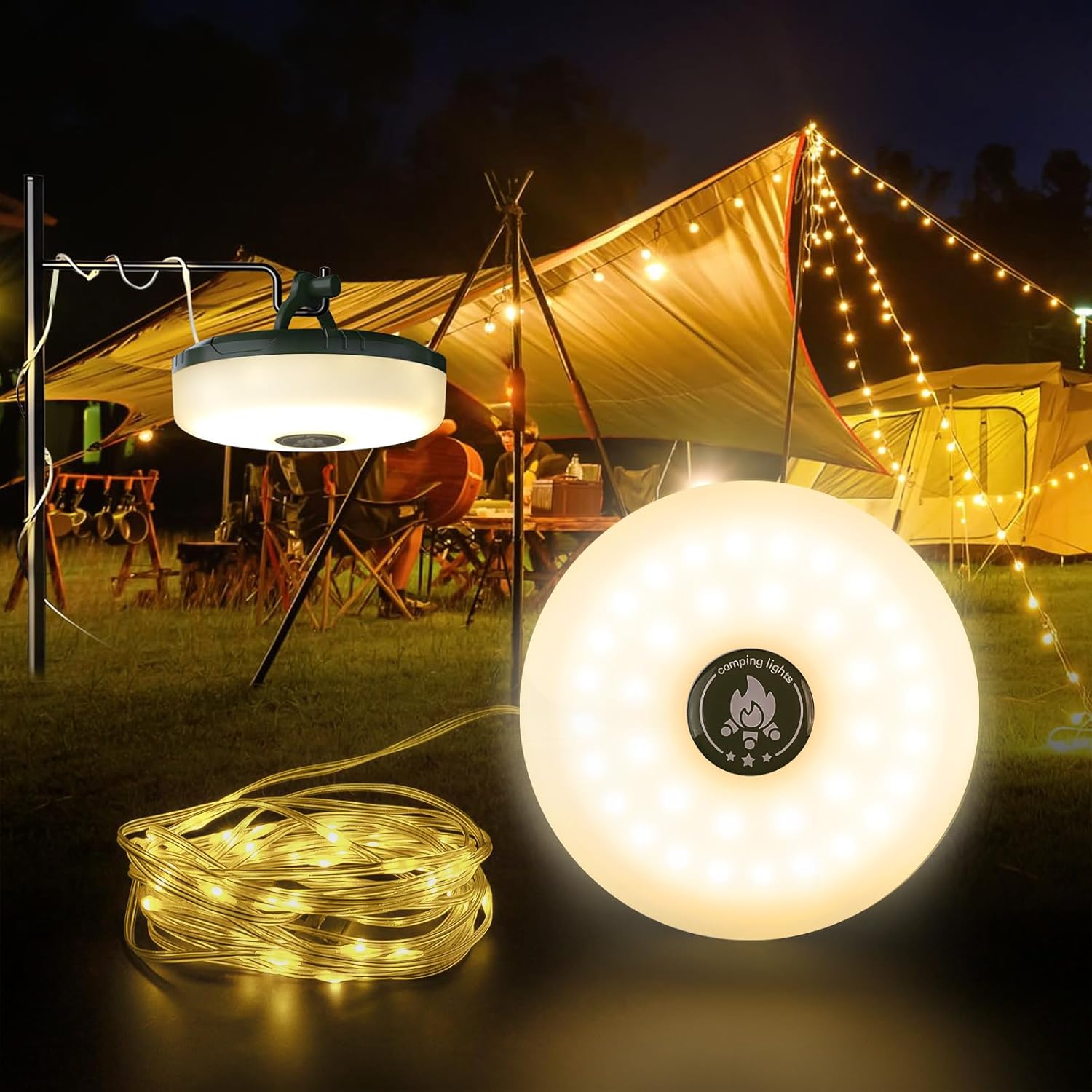 Rechargeable Retractable Camping String Lights - 5+3 Modes, Waterproof, 32.8 ft