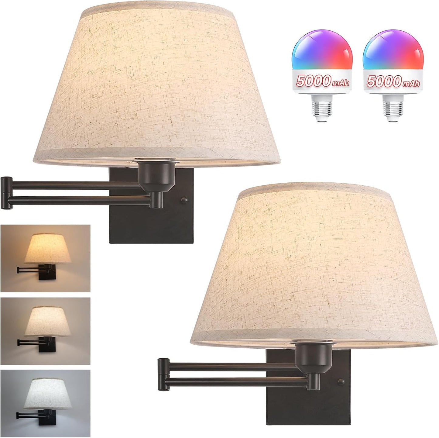 Battery Operated Wall Sconces Set of 2 with Adjustable Swing Arm
