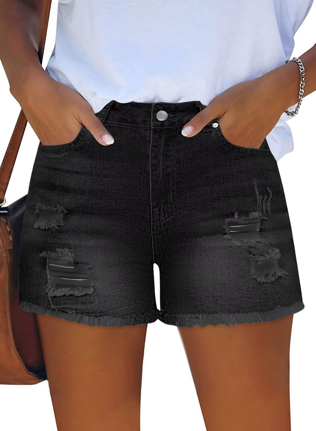 FEKOAFE Womens Casual Mid/High Waisted Denim Shorts for Summer