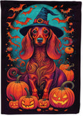 Longhair Dachshund Witchy Halloween House Flag - Large Display