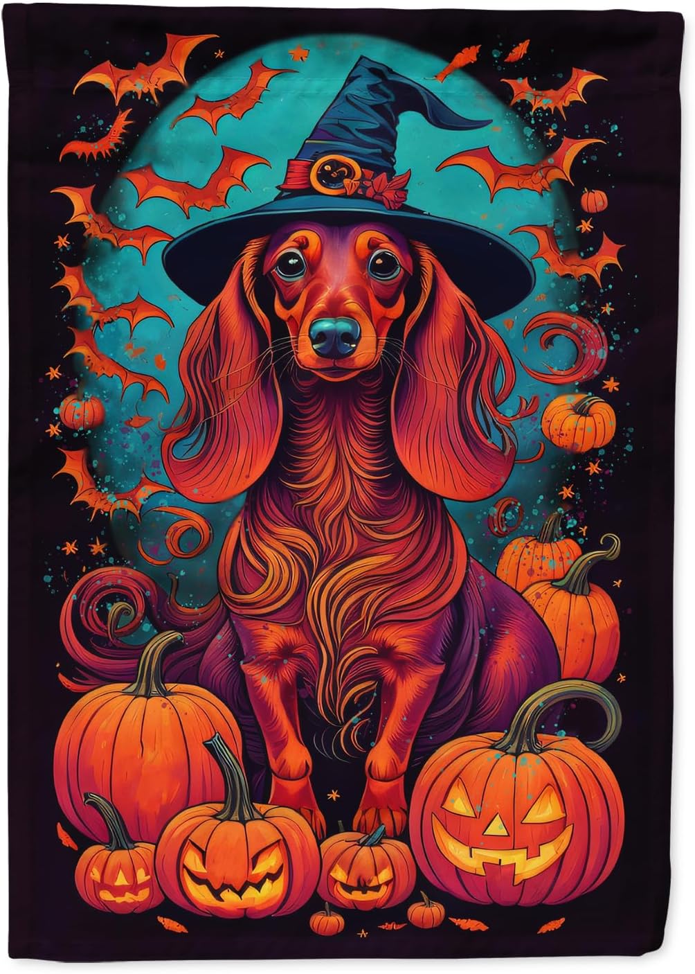 Longhair Dachshund Witchy Halloween House Flag for Outdoor Decor