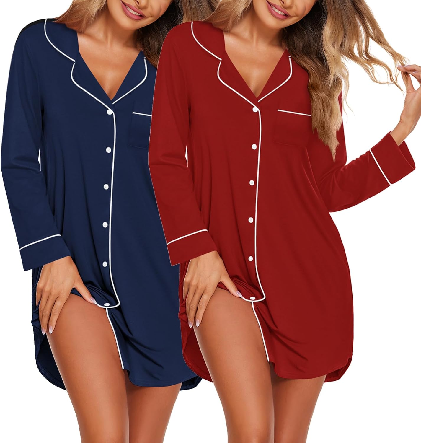 Ekouaer 2 Pack Nightgowns for Women Long Sleeve Sleep Shirt